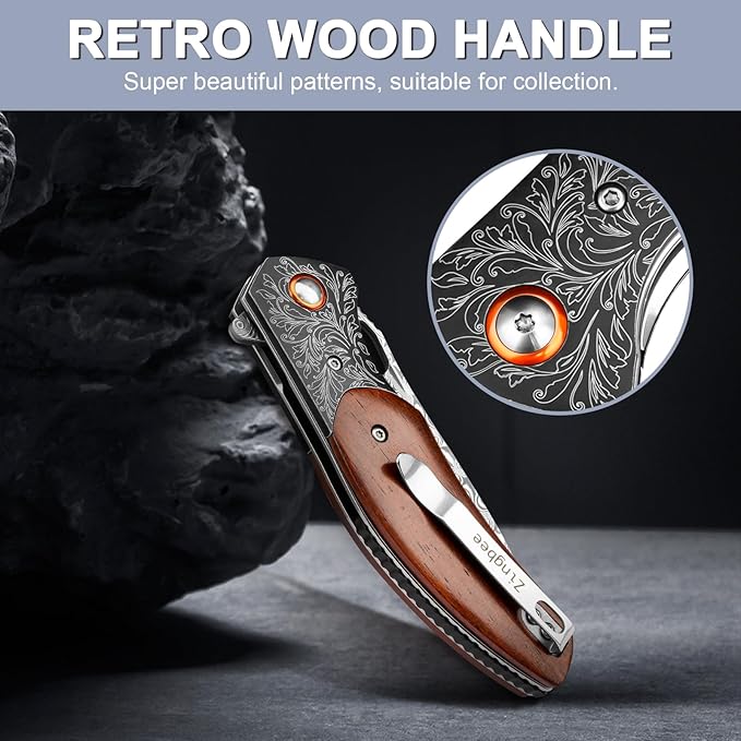 Zingbee Damascus Pocket Knife with Sheath 3.35 Damascus Steel Blade Knife with Wooden Handle EDC Pocket Knives &amp Folding Knives for Outdoor Camping Ideal Gifts for Men Women