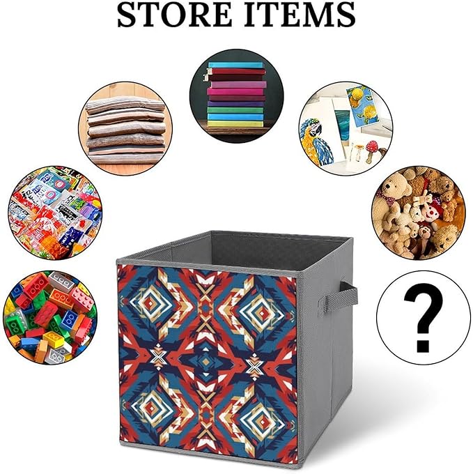 Collapsible Cube Storage Organizer with Handles Aztec Red Blue Foldable Fabric Bin for Shelves Perfect for Closet Bathroom Kids' Room &amp Nursery