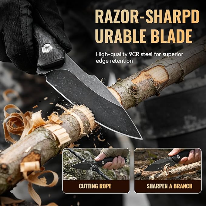Emojoy Fixed Blade Knife with Sheath Black Stonewash Blade 4.33 Camping Knife with G10 Handle &amp Hidden Tool Full Tang Survival Knife for Camping Bushcraft - Includes Compass Whistle and Sheat