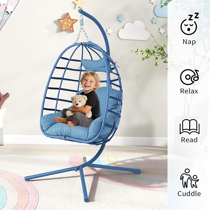 Hanging Egg Chair with Stand Outdoor Indoor Patio Rattan Swing Hammock Chairs with Washable Cushion 350lbs Capacity PE Wicker Swing Chair for Backyard Bedroom Garden (Blue + Blue Cushion)