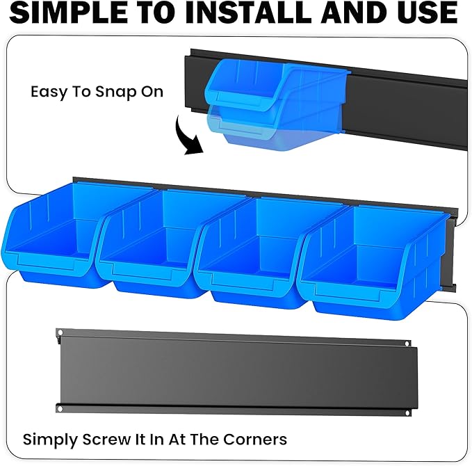 Ultrawall Wall Mounted Storage Bins Plastic Hanging Storage Organizer Bins Garage Tool Storage System for Screws Nuts Bolts Nails and Small Hardware Parts 16x bins &amp 4 x rails Blue