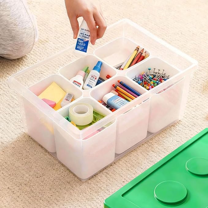 loobuu Plastic Storage Bins with Lids Art Craft Supply Organizer Box with Brush Pot Multipurpose Stackable Storage Containers for Organizing Tool Craft CrayonSewing (Green)