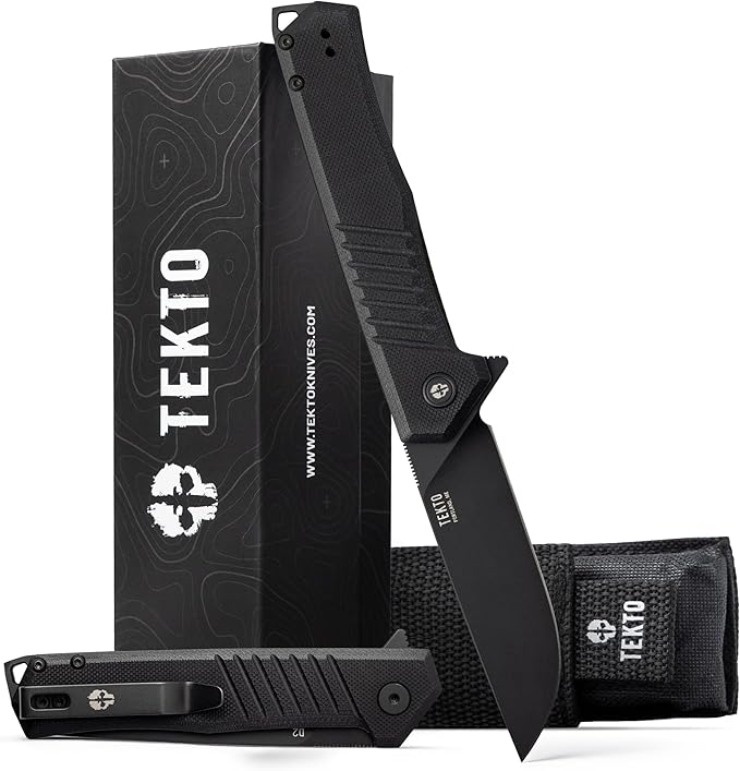 TEKTO F1 Alpha Folding Pocket Knife - Modified Straight Back Blade Titanium Coated D2 Steel Ideal for Outdoor Camping and Backpacking Tactical G10 Black Handle Black Titanium Accents