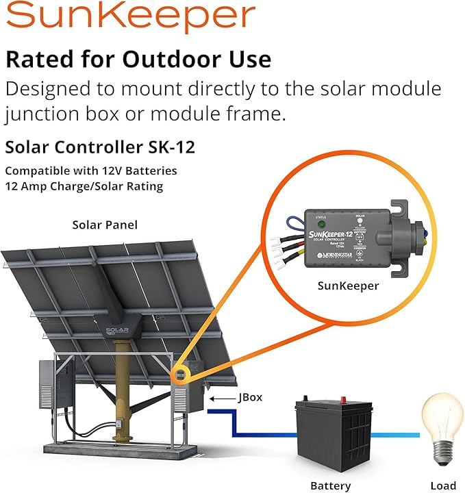 Morningstar SunKeeper 12A PWM Solar Charge Controller (SK-12) - Intelligent Solar Panel Regulator Supports 12V Batteries IP65 Outdoor Panel Control HAZLOC Rated 5 Year Warranty - Designed in USA