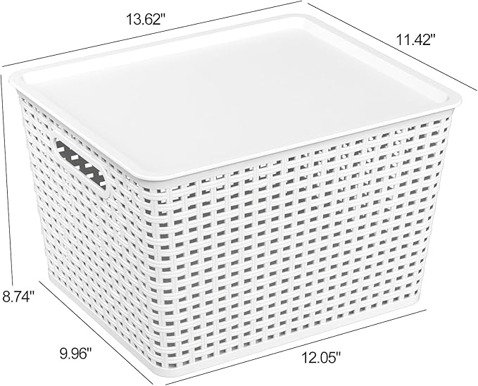 Teyyvn 6 Pack Large Plastic Storage Basket with Lid 20 Quart Lidded Storage Basket Bin for Closet Shelves White