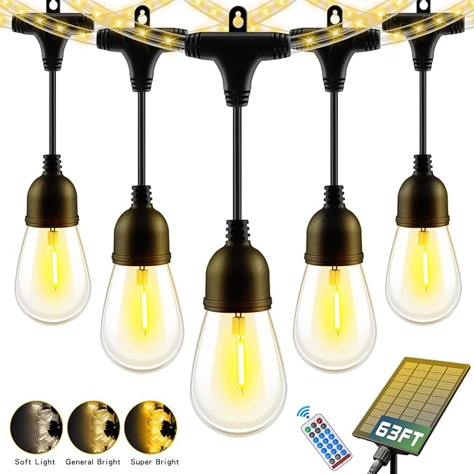63FT Solar String Lights Outdoor Waterproof with USB Port &amp Remote Control Solar Patio Lights Long Last for 20+Hrs Dimmable Solar Power LED Shatterproof Bulbs solar lights for Camping Backyard Gar
