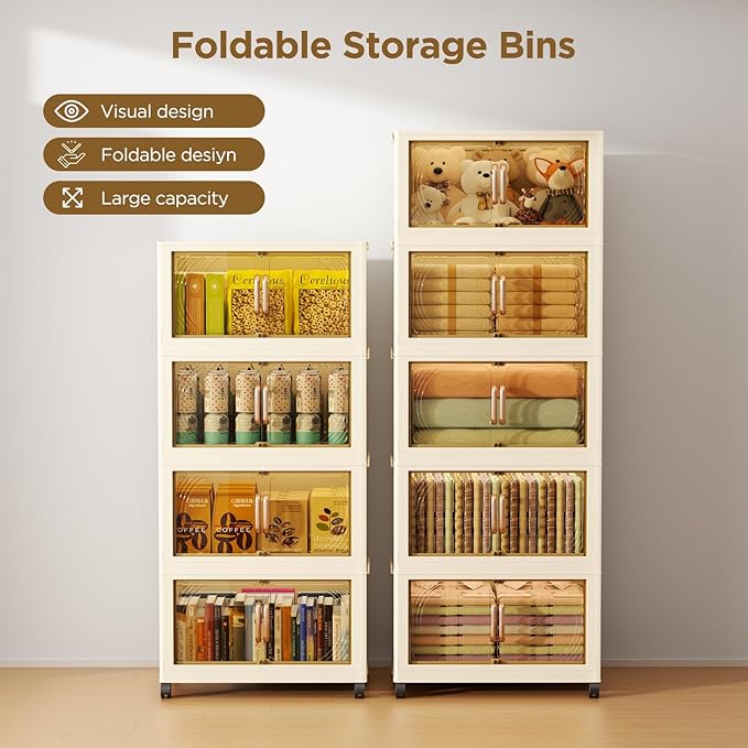 102QT Plastic 5 Tier Storage Bins with LidsFolding Storage Box with Doors and Wheels Stackable Storage BinsCloset Organizers and Storage for Living RoomOfficeDorm