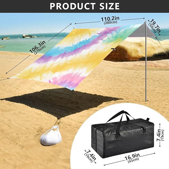 Yellow Tie-dye Background Rainbow Colors Beach Cabana Tent UPF50 Waterproof Large Portable Sun Shelter with Carrying Bag for Camping Picnics Backyard