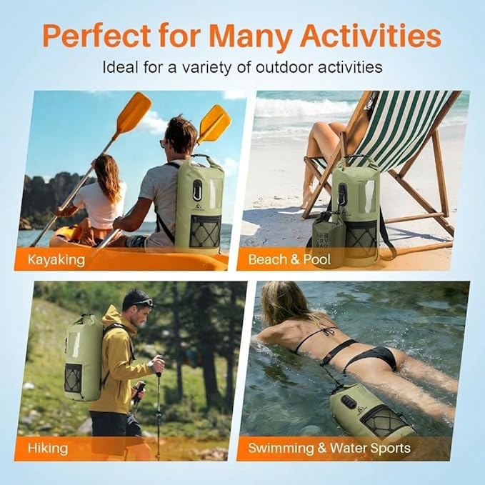 Waterproof Dry Bag 500D PVC Roll Top Dry Sack with 3 Carrying Ways Lightweight Waterproof Bag for Kayaking Swimming Boating Paddle Boarding Hiking Beach (Army Green 25L)
