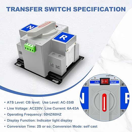 220V 2P 63A Dual Power Automatic Transfer Switch ATS Changeover Switch for Generator CE Certified