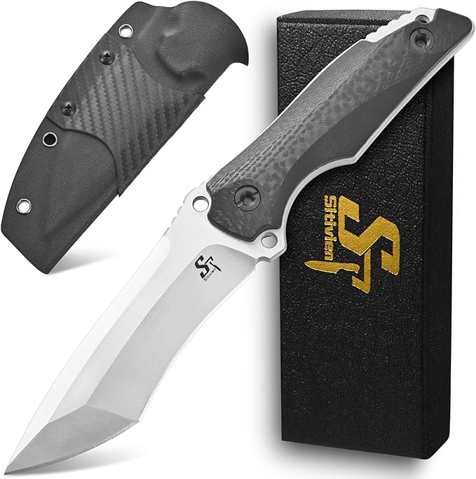 Sitivien ST32 Fixed Blade Knife AUS-10 Steel Ergonomic Carbon Fiber Handle Full Tang Knife for Outdoor Working Camping Hunting Fishing(Silver)