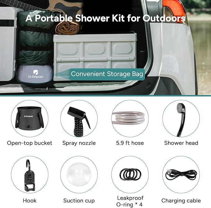 DR.PREPARE Portable Shower for Camping Camping Shower with 4.5 Gallons Foldable Bucket USB Rechargeable Battery 2 Shower Heads Outdoor Camp Showers for Hiking Travel Climbing Pet Cleaning
