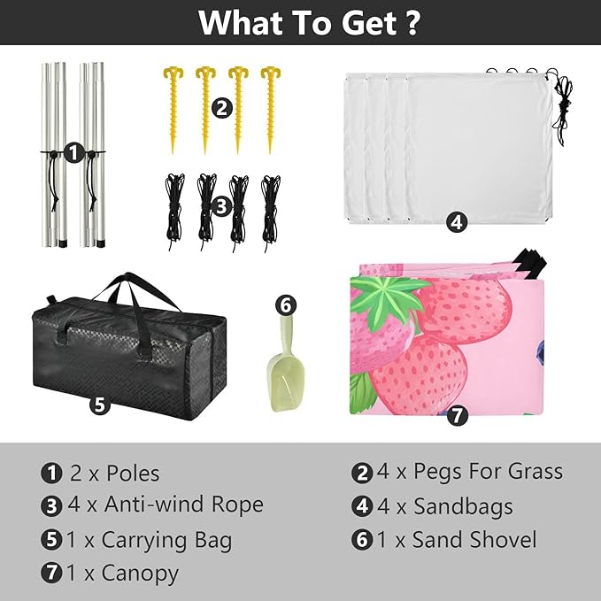 Beach Canopy with Windproof Ropes &amp Sandbags Beach Tent Sun Shade Sun Shelter for Camping Trips Fishing Backyard Fun or Picnics Strawberry