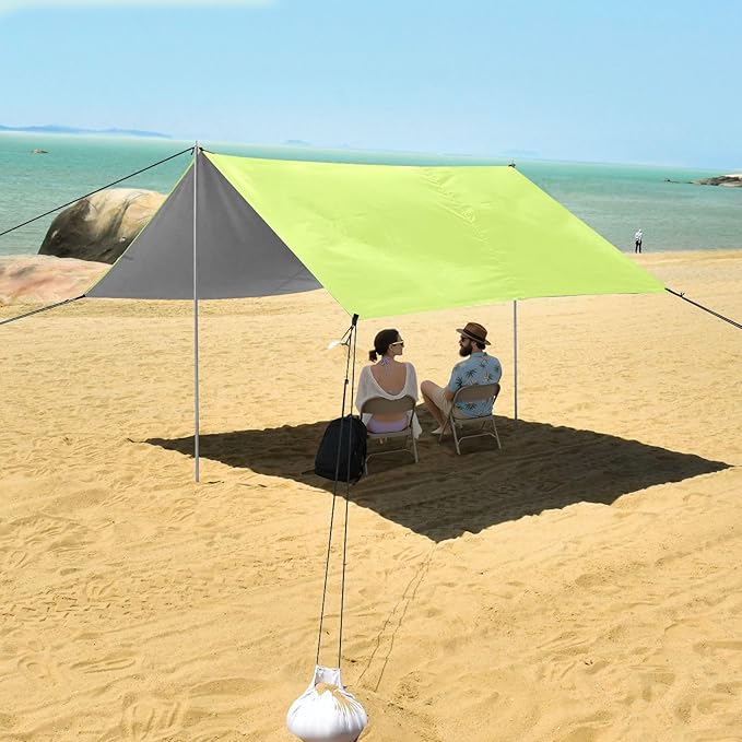 xigua Grass Green Beach Tent Sun Shelter with Carrying Bag - Silver Coated Oxford Fabric Beach Canopy for Beach Camping Fishing - Includes Windproof Ropes Sandbags &amp Stakes