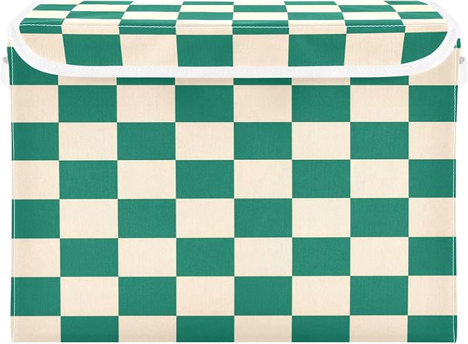 Storage Bins With Lid Stackable Fabric Closet Organizer Clothing Storage Large Boxes For Closet Shelves Bedroom Checkered Emerald Green and Beige