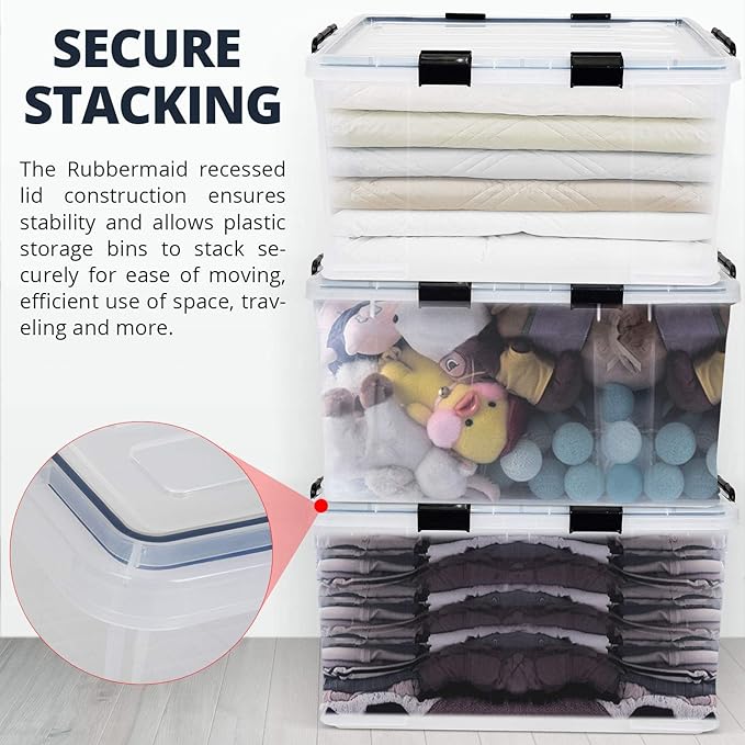 3-Pack Waterproof Plastic Storage Box 90QT/85L Stackable Latch Box Durable Multi-Purpose Locking Bin with Lid and Black Clips for Bedding Toys Shoes and Clothes