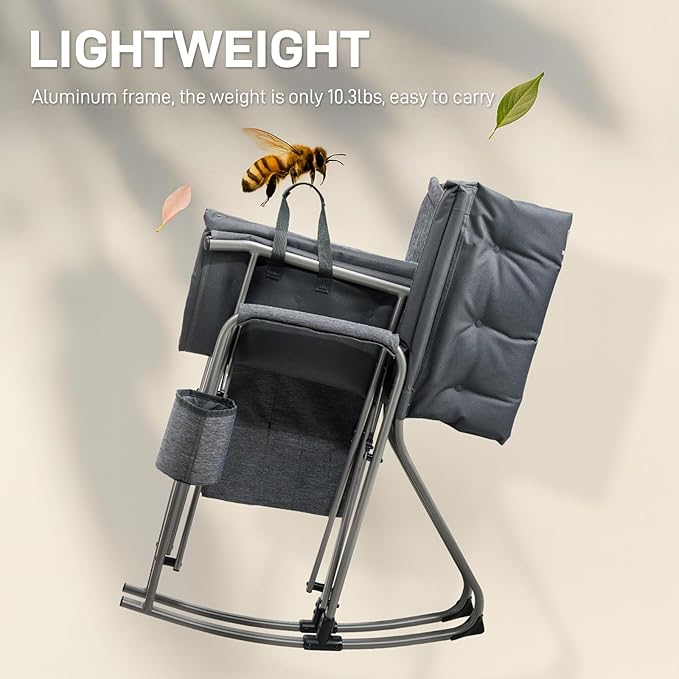 EVER ADVANCED Lightweight Folding Rocking Camping Chair Padded Portable Rocker Chair for Patio Lawn and Outdoors Heavy Duty Hard Armchair for Adults Grey