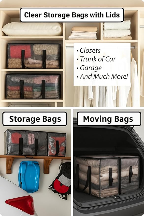 Heavy Duty Clear Tote Bag for Storage &amp Organization – Extra Large Durable Zippered Storage Bin with Reinforced Handles – for Home Travel &amp Garage Use (X-Large 6.0 Count)