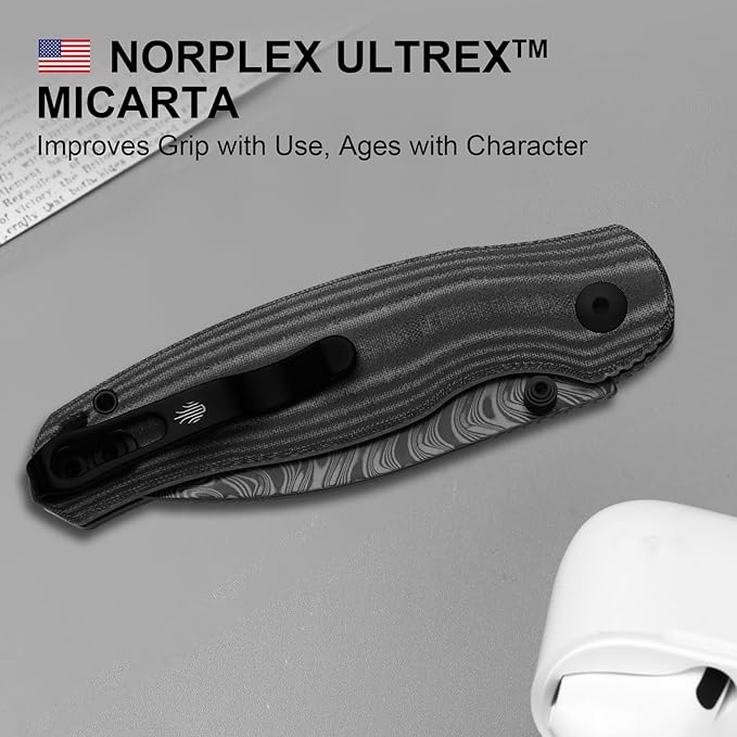 Kizer Phoca BD Pocket Knife 2.95 Drop Point Damascus Blade Folding Knives with Black Norplex UltreX™ Micarta Handle Thumb Stud EDC Knife for Men Women V3781BDA3