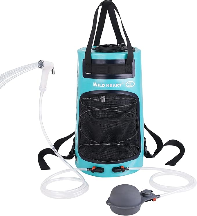 WILD HEART Camping Shower 22L/ 12L Portable Shower for Camping with Pressure Foot Pump and Hose - Solar Shower Bag Backpack for Camping Road Trip &amp Outdoor Use