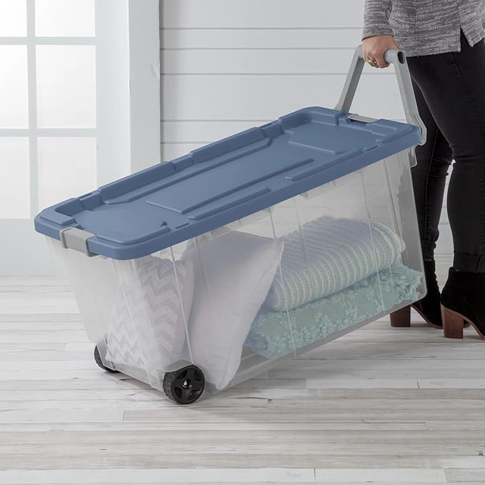 160 Quart Extra Large Clear Rolling Storage Bins 2-Pack Blue Heavy-Duty Plastic with Locking Leakproof Lid for Garage Basement Seasonal Storage &amp Transport