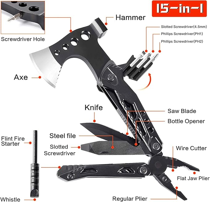 Survival‑Ready Camping Multitool – All‑in‑One with Knife Hammer Saw &amp Pliers Durable Sheath Perfect Christmas/Birthday/Father's Day Gift for Men Dad Husband &amp Boyfriend-Hatchet