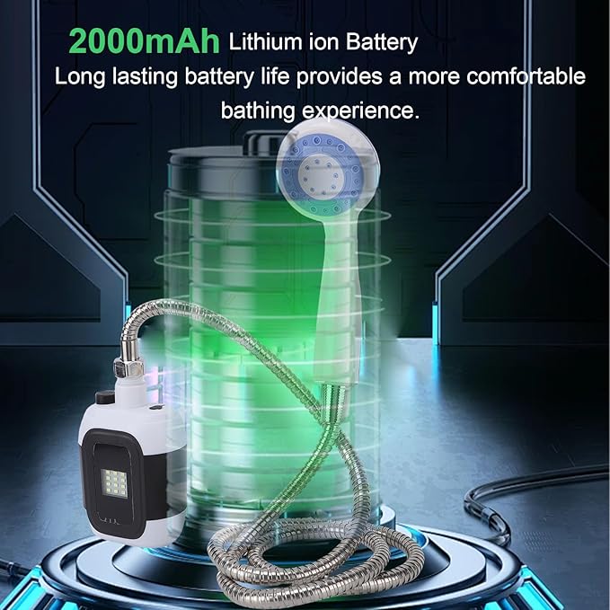 Ymiko Portable Camping Shower with Built in Light 2000mAh Battery Operated Outdoor Shower Pump with Flexible Mounting System for Camping Hiking Travel Washing Pets and Vehicles