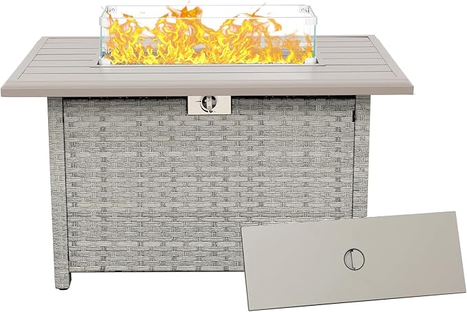 Outdoor Propane Fire Pit 43 Inch PE Wicker Patio Firepit Table with Fire Glass and Wind Guard for Outside Parties and Gatherings on Garden Backyard Porch
