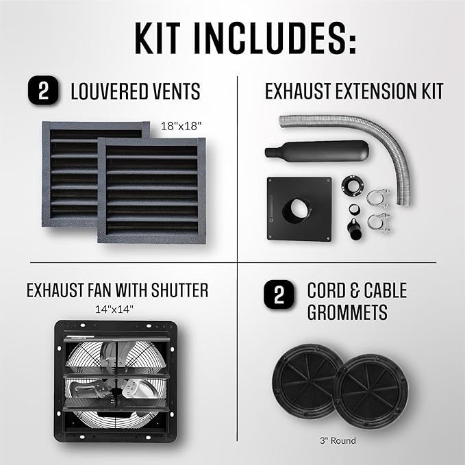 DIY Generator Shed Ventilation &amp Exhaust Kit With Cooling System. Includes High-Flow Shutter Fan Flexible Exhaust Extension Weatherproof Louvered Vents And Cable Grommets For Outdoor Enclosures