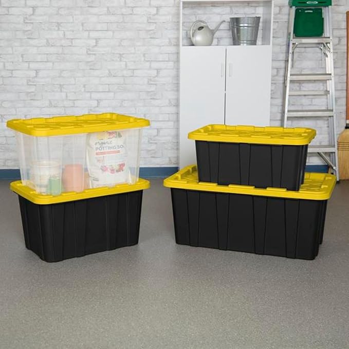 Sterilite 8-Pack 27 Gallon Industrial Storage Tote Heavy-Duty Plastic Bins Black/Yellow - Stackable Utility Organizers with Lids for Garage Camping Tools and Outdoor Gear