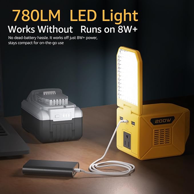 Power Inverter for DeWalt 20V Battery 200W (350W Peak) Portable Power Station Outdoor Generator Battery Converter with 2 USB-A &amp1 USB-C&amp110V AC &amp 500 LM LED Light (Tool Only)