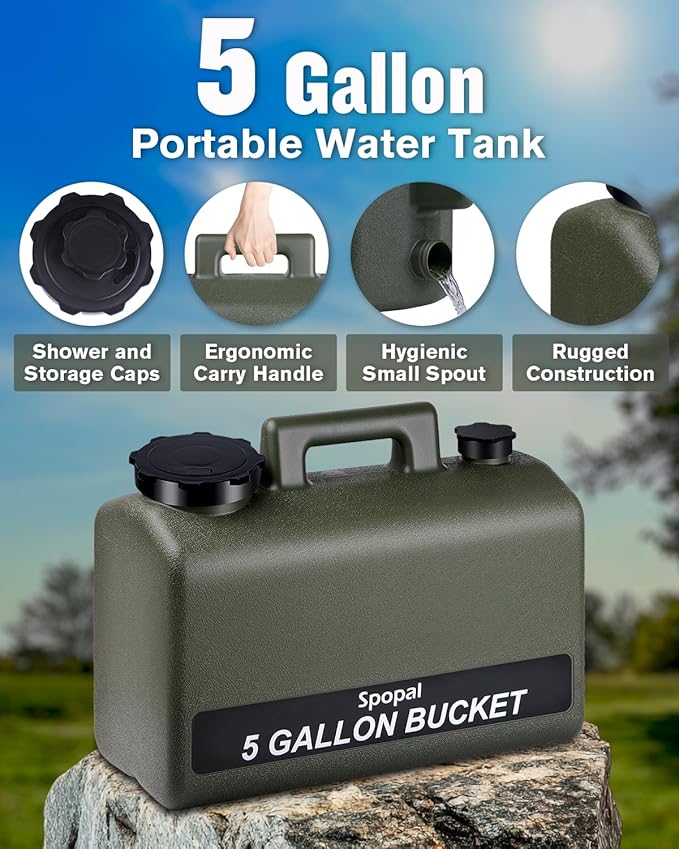 Spopal Portable Shower for Camping with 5-Gallon Water Jug [Upgraded] 10000mAh Rechargeable Camping Shower with 5 Adjustable Speeds Food Grade Material Water Containers for Hiking Travel Car Pet