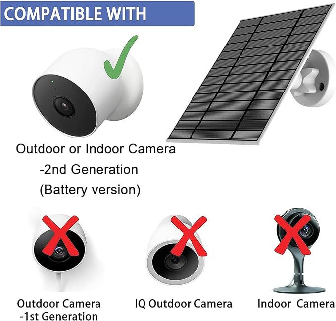 2pack Upgraded with Charging Alert Breathing Light. 6w Solar Panel Compatible with Google Nest Camera Outdoor &amp Indoor &amp 2nd Generation (Battery Version) Cameras Easy Install IP66 4m Cable