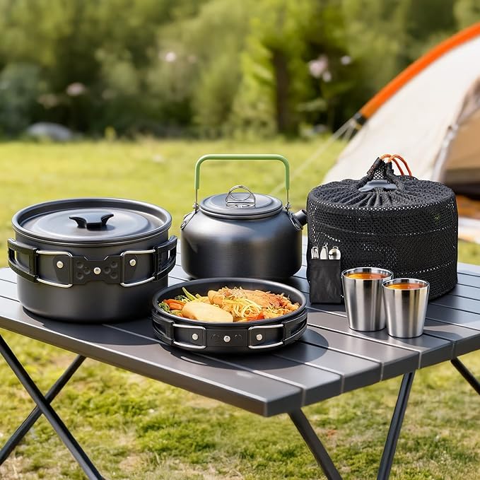 ROVSUN 34/10/6 pcs Camping Cookware Mess Kit Lightweight Non-Stick Camping Cooking Pot and Pan Set with Stainless Steel Camping Gear Kettle Cup for Open Fire Backpacking Outdoor Cooking