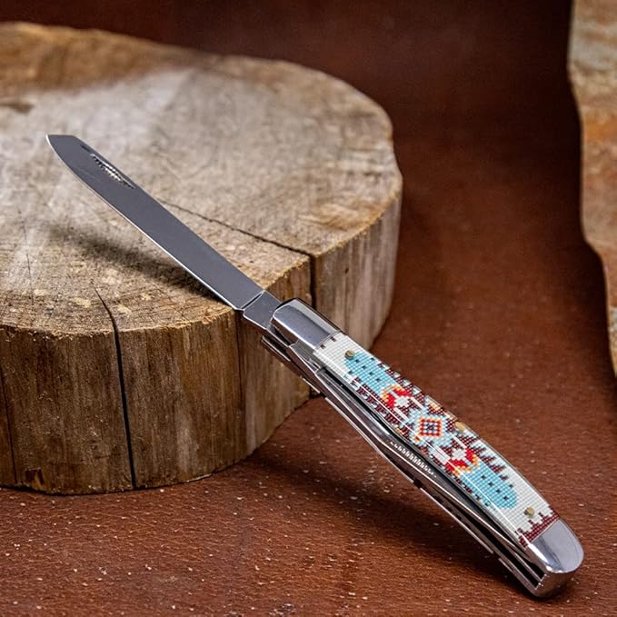 WHISKEY BENT HAT CO. Traditional Trapper Folding Pocket Knife 4.125 Closed Length 440C Stainless Steel Blades (Turquoise Bead)