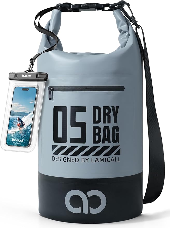Lamicall 5L &amp 30L Dry Bag Waterproof Backpack - [Zippered Pocket] Roll Top Waterproof Bag Blueish Gray &amp Black