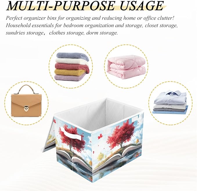 Storage Cube with Lid Tree on Book Print 16.5×12.6×11.8 IN Collapsible Large Capacity Foldable Storage Basket Bin Organizer