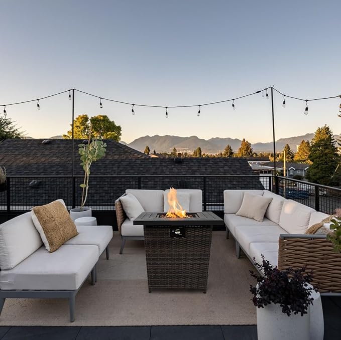 28'' Propane Fire Pit Table 50000 BTU Fire Table with Brown Wicker Laval Rocks Inclined Leg Design.