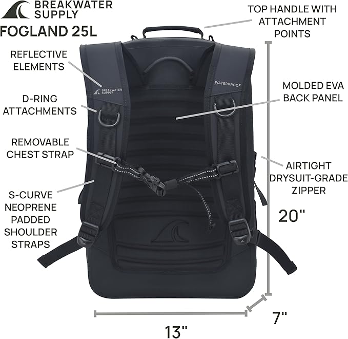 Breakwater Supply™ Fogland Waterproof IP68 Submersible Backpack | Laptop Sleeve &amp Airtight Zippers for Outdoors Travel Boating Kayaking Surfing Floating Dry Bag Unisex TPU (Stealth Black 2
