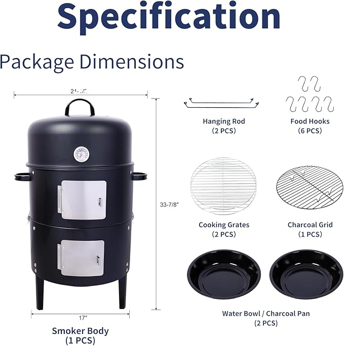 17 inch Vertical Charcoal Smoker BBQ Grill Fire Pit 3-in-1 with Built-in Thermometer Adjustable Air Vent Idea for Parties Backyard Patio Camping