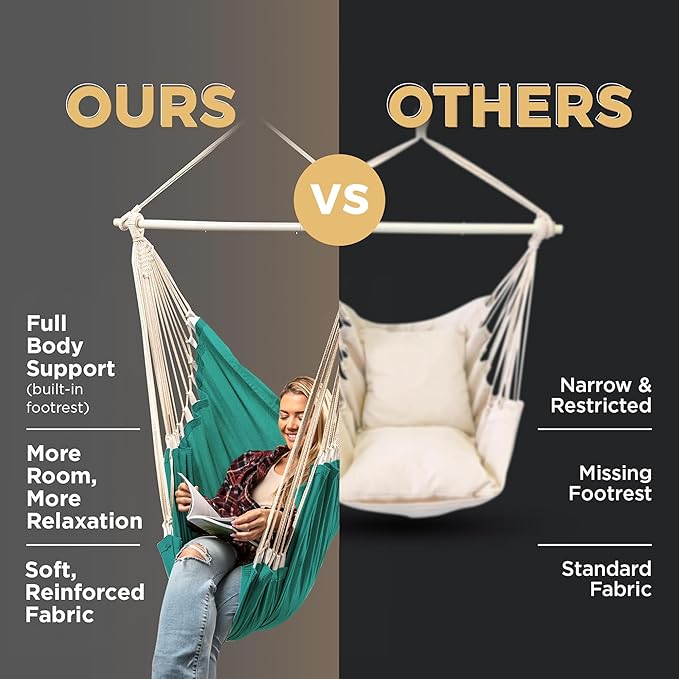 Hanging Hammock Chair Swing – Hanging Chair Outdoor &amp Indoor - Hammock Swing Chair – Quick &amp Easy Setup with Hardware Kit – Durable &amp Spacious Full Body Support – Holds 440 Lbs