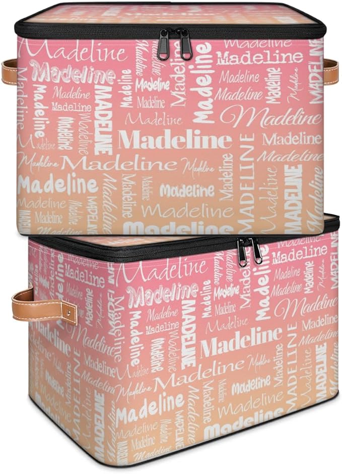 Custom Storage Basket with Name Personalized Keepsake Box with Zipper Lid Foldable Fabric Memory Bin Large capacity with Handle Pink Apricot