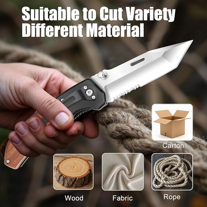 Vickay Pocket Knife Folding Knife with Clip - 3.54″ Tanto Serrated Blade Wood Handle EDC Knife for Men &amp Women Outdoor Camping Tactical Hiking Survival - Father’s Day Gift (Satin Silver)