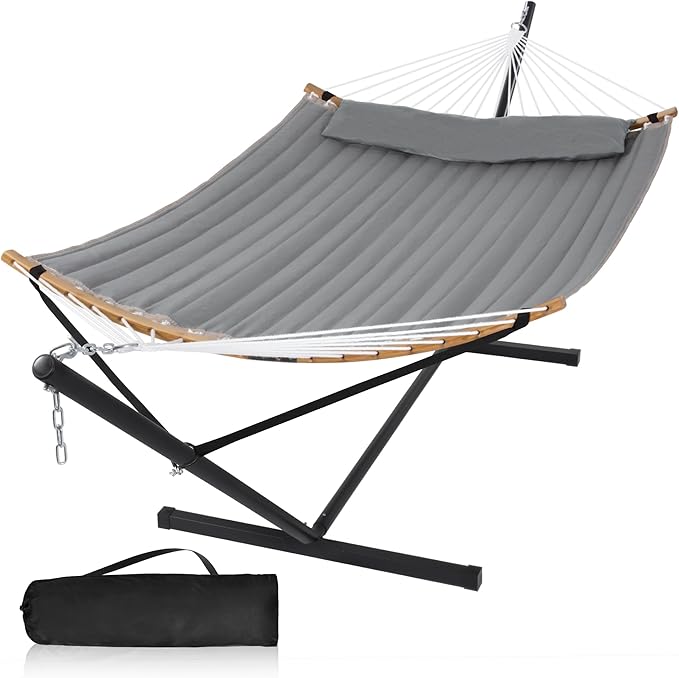 Outdoor Hammock with Stand Included Heavy Duty Hammock with Curved Spreader Bar Pillow and Portable Bag 450 Lbs Capacity Grey