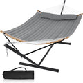 Outdoor Hammock with Stand Included Heavy Duty Hammock with Curved Spreader Bar Pillow and Portable Bag 450 Lbs Capacity Grey
