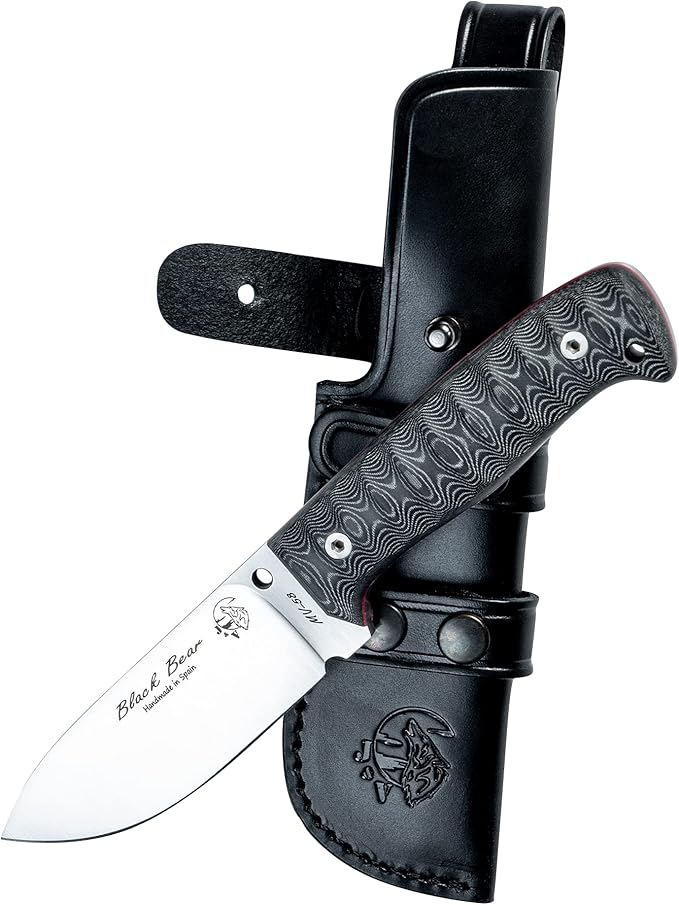 J&ampV Black Bear – Survival Knife for Camping Bushcraft Field Hunting Fishing Blade 11 cm Stainless Steel MOVA-58 Leather Sheath Made in Spain