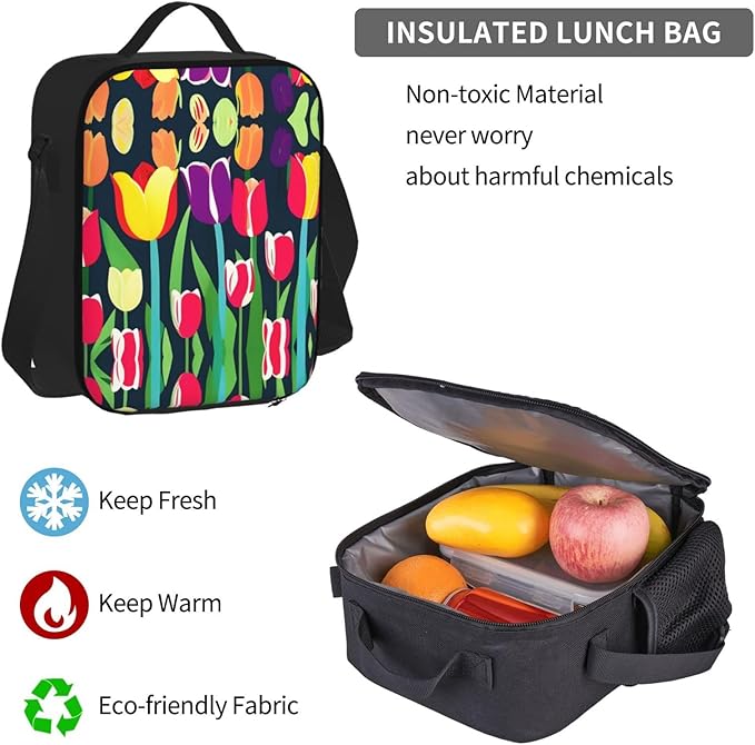 Colorful Tulips Backpack With Lunch Box 3 In 1 Set With Pencil Case Large Capacity Backpack With Chest Strap