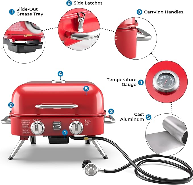 Kenmore Portable Propane Gas Grill - Tabletop BBQ Grill with Warming Rack 2 Stainless Steel Burners with 14000 BTUs for Outdoor Kitchen Camping Red
