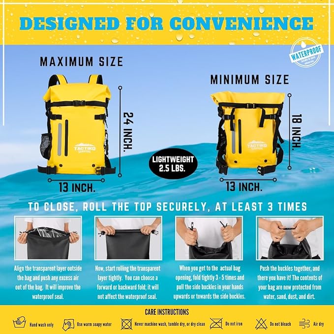 Tactiko 30L Heavy-Duty 100% Waterproof Backpack - Dry Roll-Top Floating Backpack - Rip-Stop Tarpaulin - Comfortable Padded Shoulders &amp Back - Waist Strap - Large Utility Pocket Carabiner (Yellow)