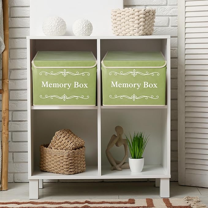 LemonRoad 2Pcs Memory Box Keepsakes for Kid Memory Decorative Storage Box Bin with Lid for Baby Wedding Travel Birthday Anniversary Precious Milestones Gift Loved Ones Treasured 16x12x12'' (Green)